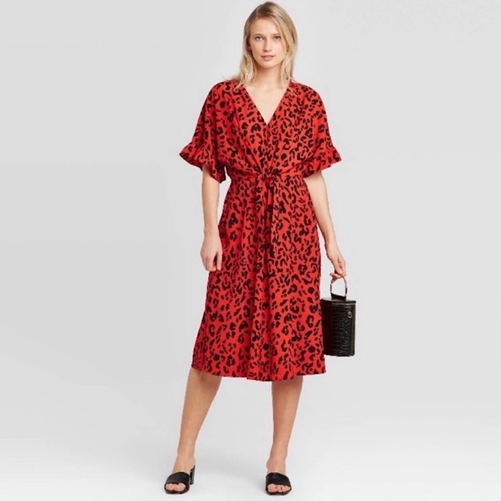 Who What Wear Flutter Elbow Sleeve Animal Print Dress - Picture 1 of 7